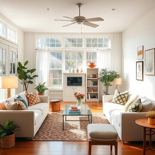 A brightly lit and organized living room with comfortable seating