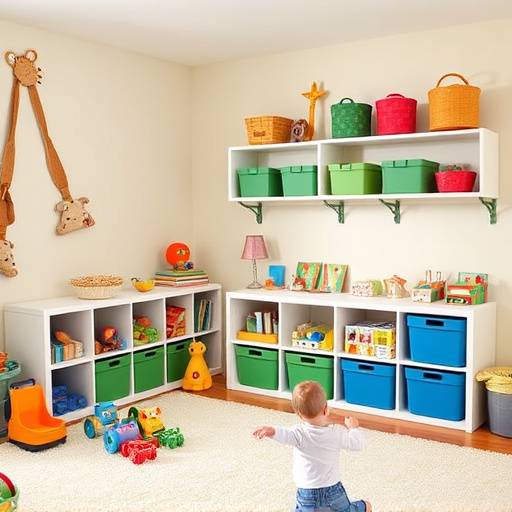 A child's playroom with toys organized in labeled bins and shelves, creating a fun and tidy space