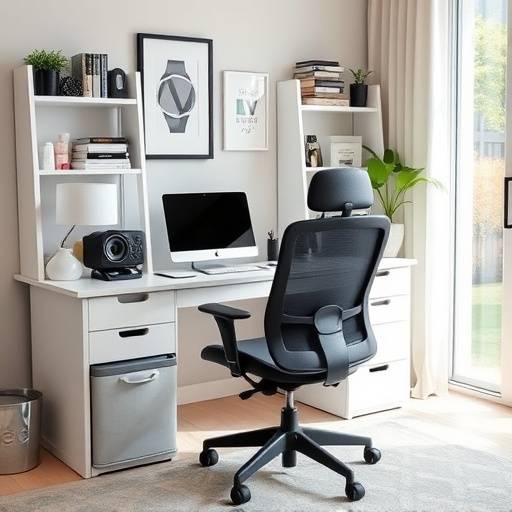 A home office with a clean desk, organized shelves, and a comfortable ergonomic chair