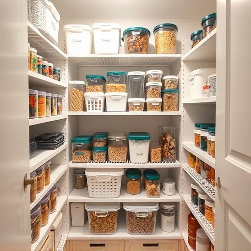 A neatly organized pantry with labeled containers, showcasing efficient storage solutions