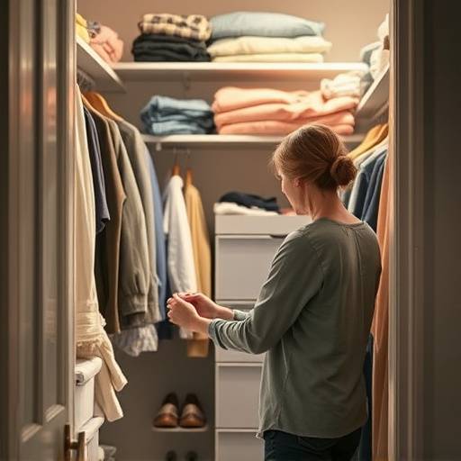 A person sorting through items in a closet to declutter.