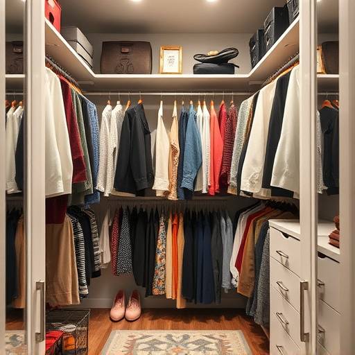 A walk-in closet with clothes organized by color and type, showcasing efficient use of space