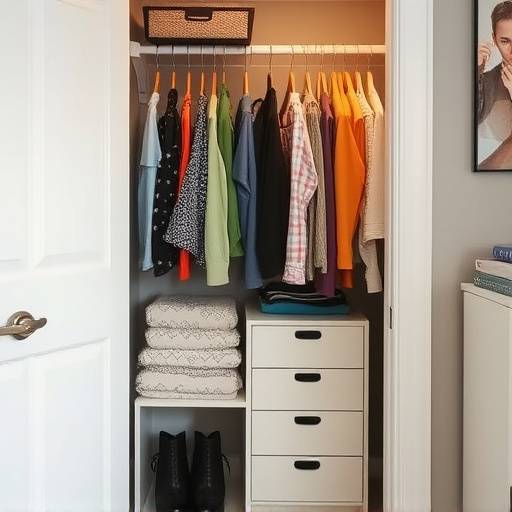 A well-organized closet with clothes neatly arranged by color and type
