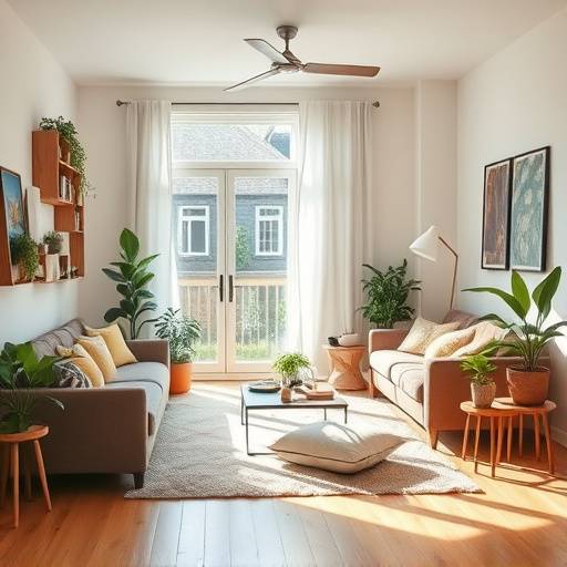 Bright and organized living room with natural light, featuring neatly arranged furniture and decorative plants.