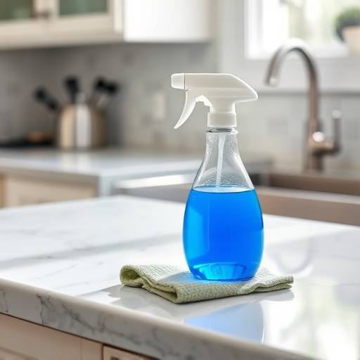 Cleaning a kitchen countertop with a spray bottle and a microfiber cloth