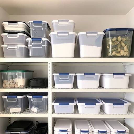 Variety of storage containers and baskets neatly organized on shelves.